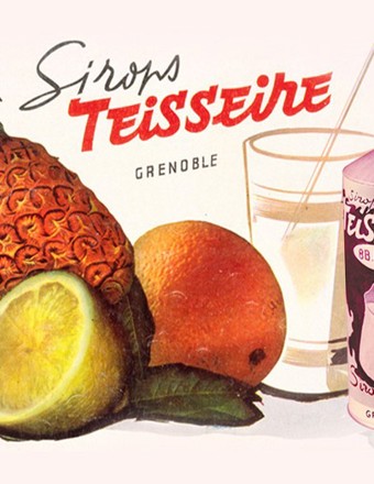 An old advertisment for Mathieu Teisseire, featuring fruit and bottles