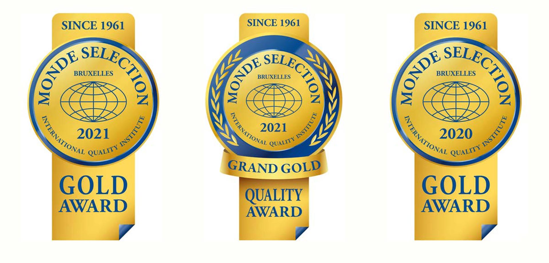 The Monde Selection 2020 Grand Gold Quality award, with the 2021 and 2020 Gold Quality award