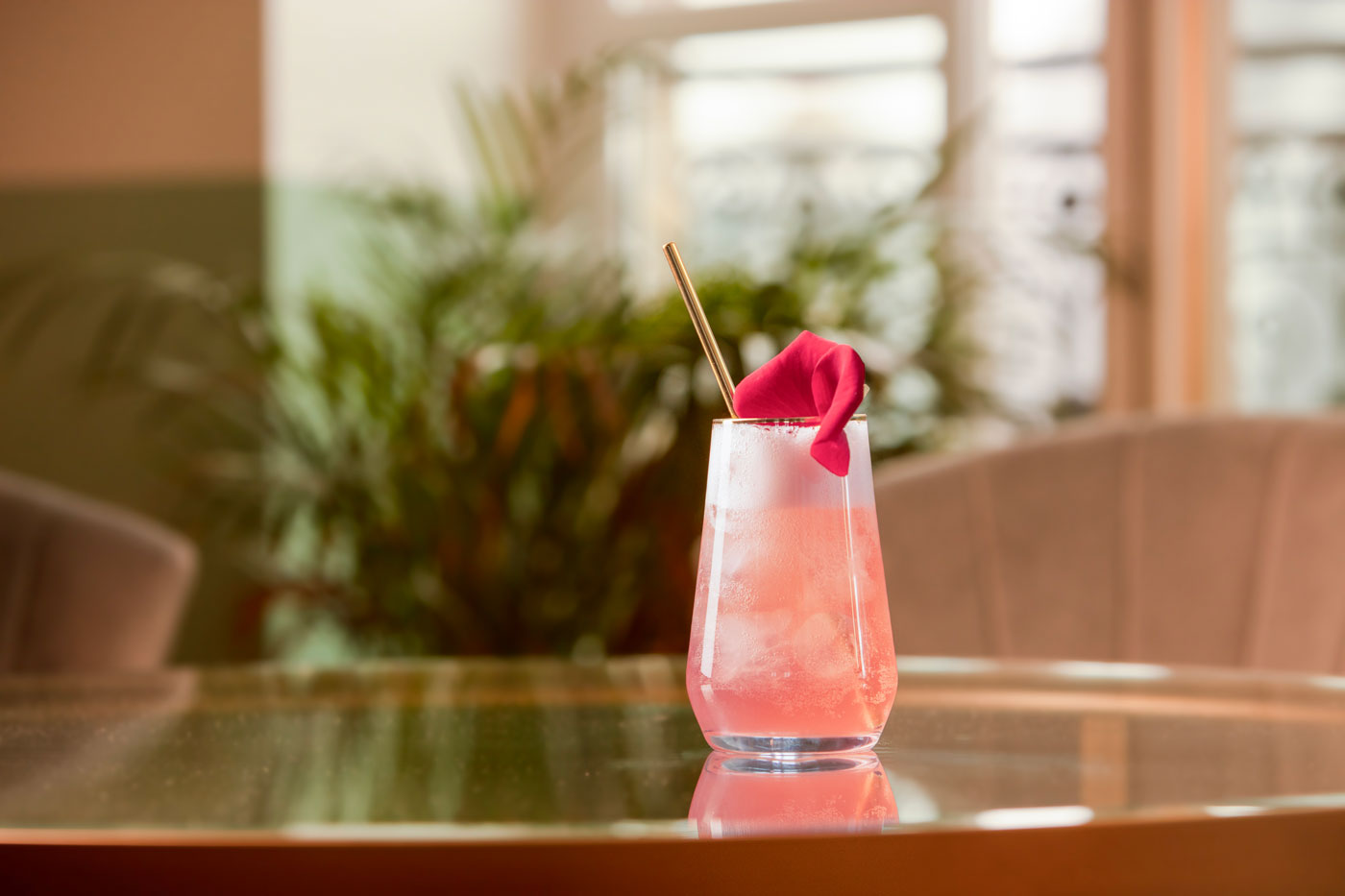 A tall glass filled with a pink drink and topped with a rose petal sits on a coffee table.