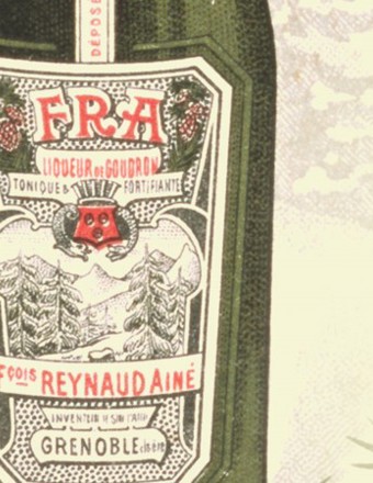 Old advertisement featuring a a close up drawing of a Teisseire bottle