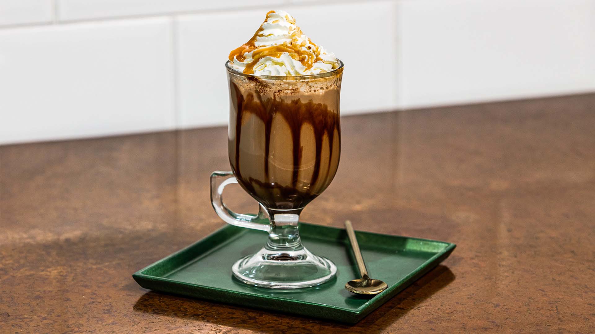 a glass of Chocolate Praline & Caramel Coffee